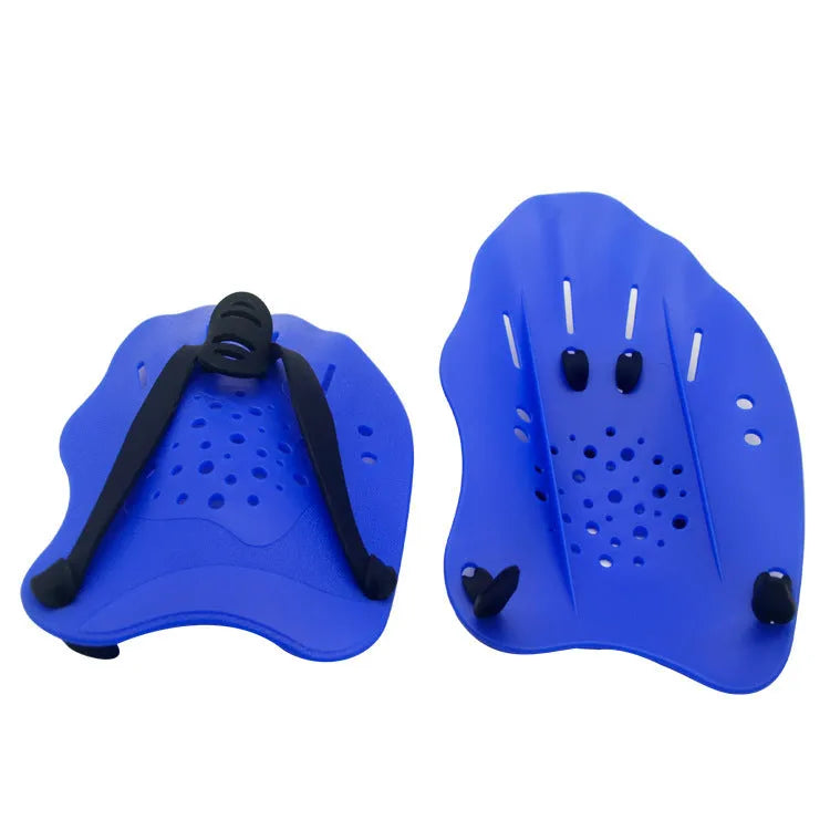 Pair of webbed swim training hand paddles in multiple colours, shown on hands, for freestyle stroke improvement.