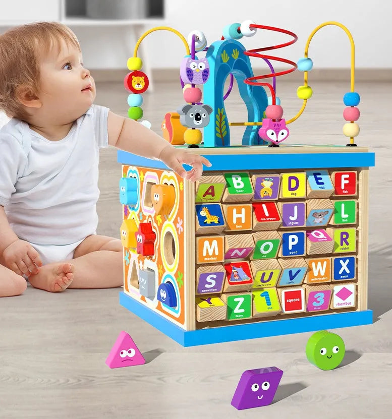Blue wooden bead treasure box toy with four multifunctional play scenes for children aged 3+