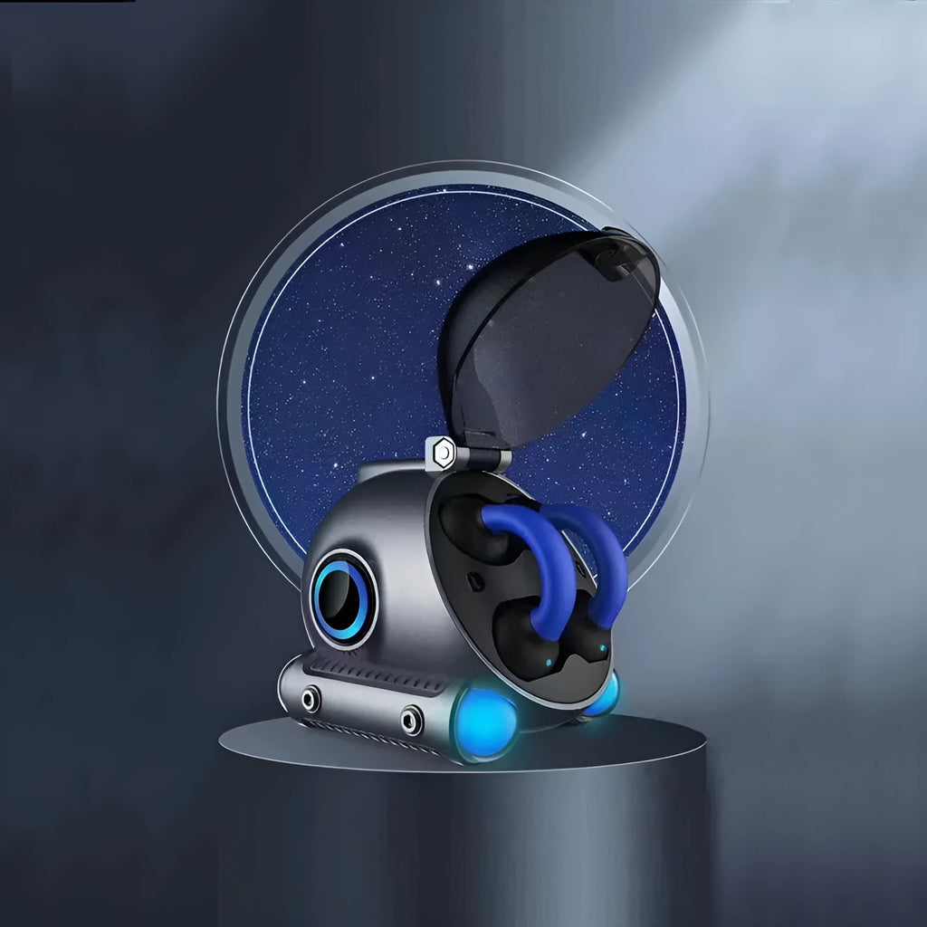 Black wireless Bluetooth sports headset with clip shown attached to clothing.