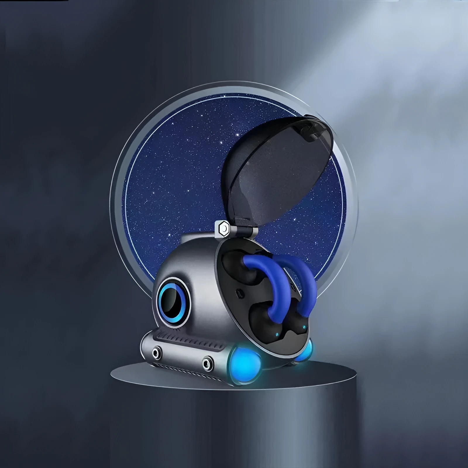 Black wireless Bluetooth sports headset with clip shown attached to clothing.