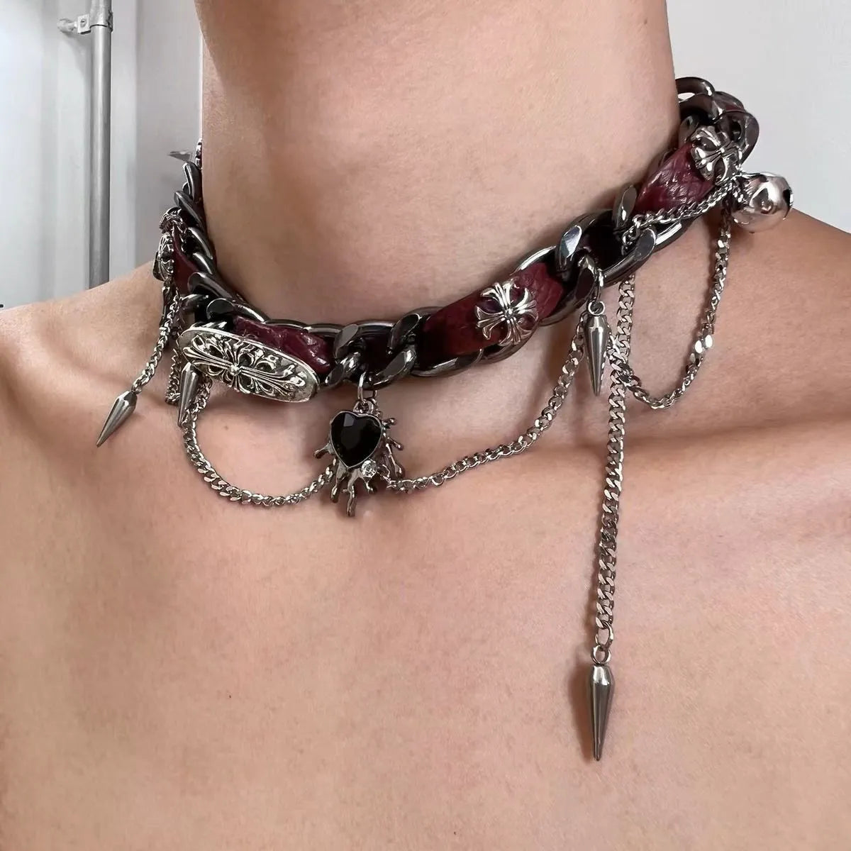 Punk Love rivet metal leather collar necklace with electroplated alloy geometric butterfly pendant and regular chain
