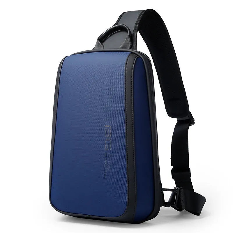 Blue men's messenger chest bag with double shoulder straps and a soft handle.