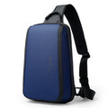 Blue men's messenger chest bag with double shoulder straps and a soft handle.