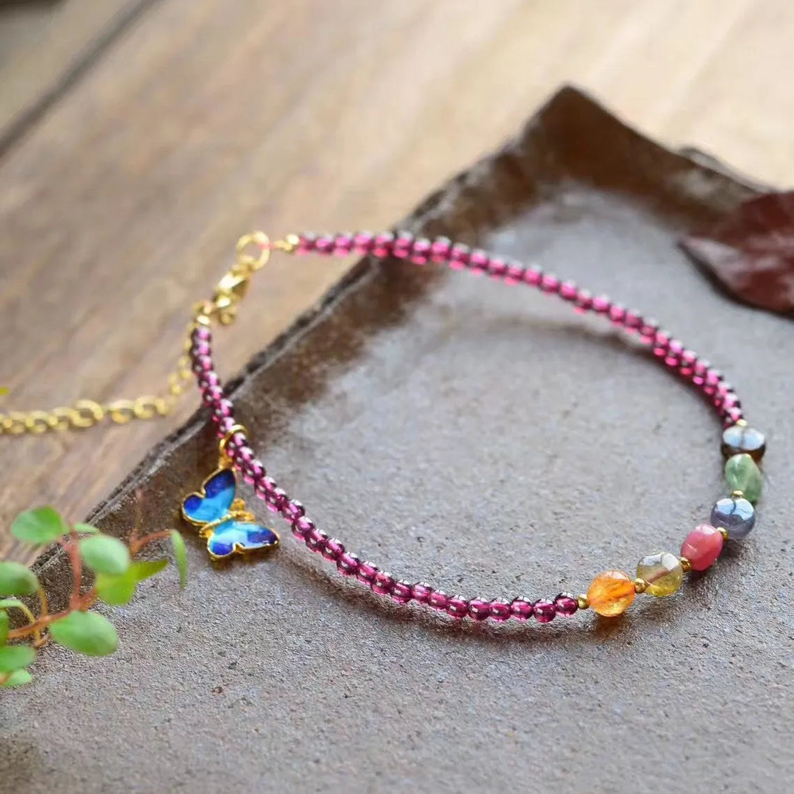 Purple garnet anklet with geometric beads in ethnic design for women
