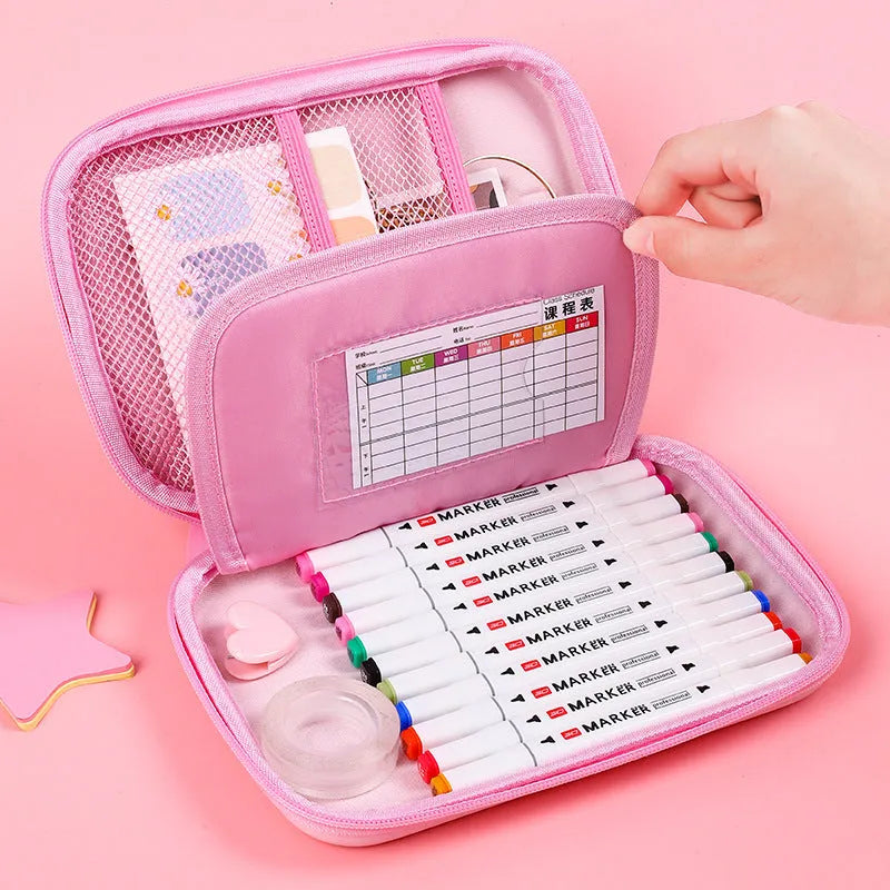 Square canvas stationery box with cartoon anime design, showing large capacity interior for pens and pencils.