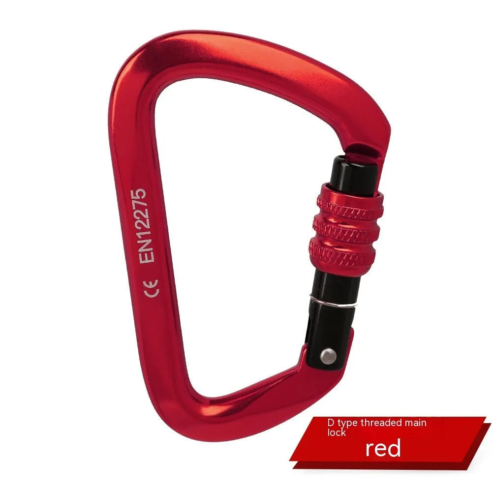 D-shaped rock climbing carabiner with automatic gate shown in orange, alongside a threaded gate version in black.