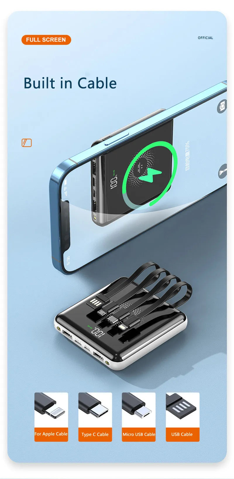Compact square 20000mAh power bank with LCD screen in black, green, or red colour.