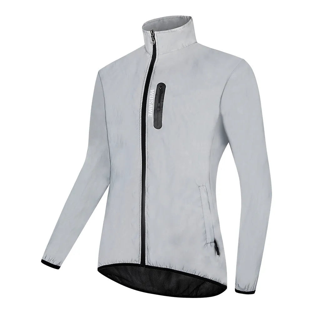Silver waterproof polyester windproof long sleeved top showing front view