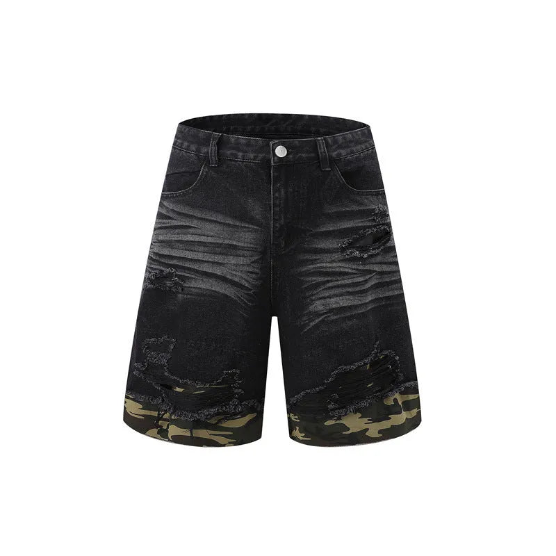 Black denim short sleeve jacket and shorts set with leopard print and cut edge stitching.