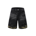 Black denim short sleeve jacket and shorts set with leopard print and cut edge stitching.