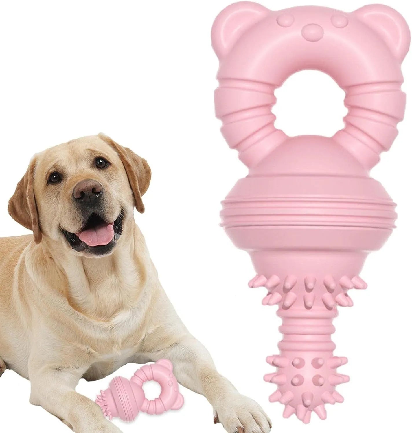 Blue green and pink rubber dog chew toy with textured surface and bell for aggressive chewers and large breeds.