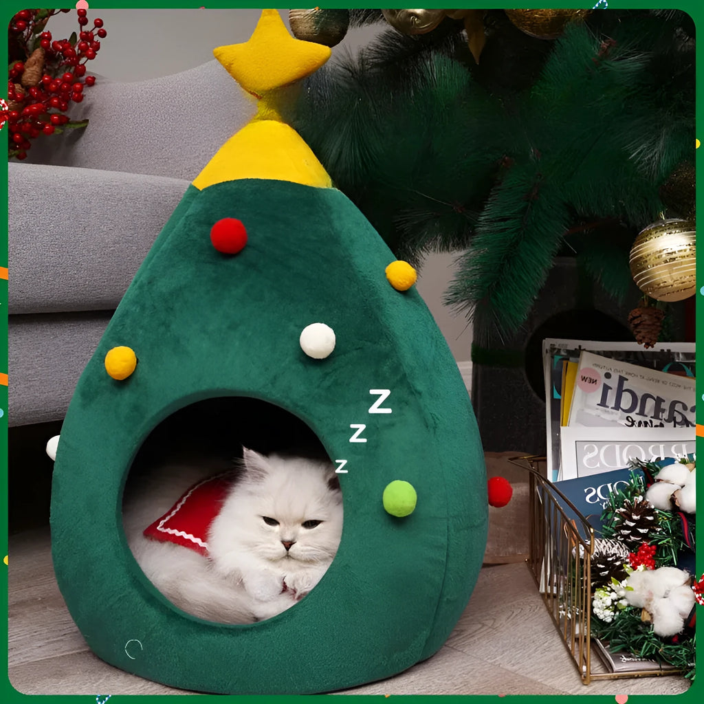 Christmas tree styled cave pet bed with plush teddy fabric and detachable cover in three size options