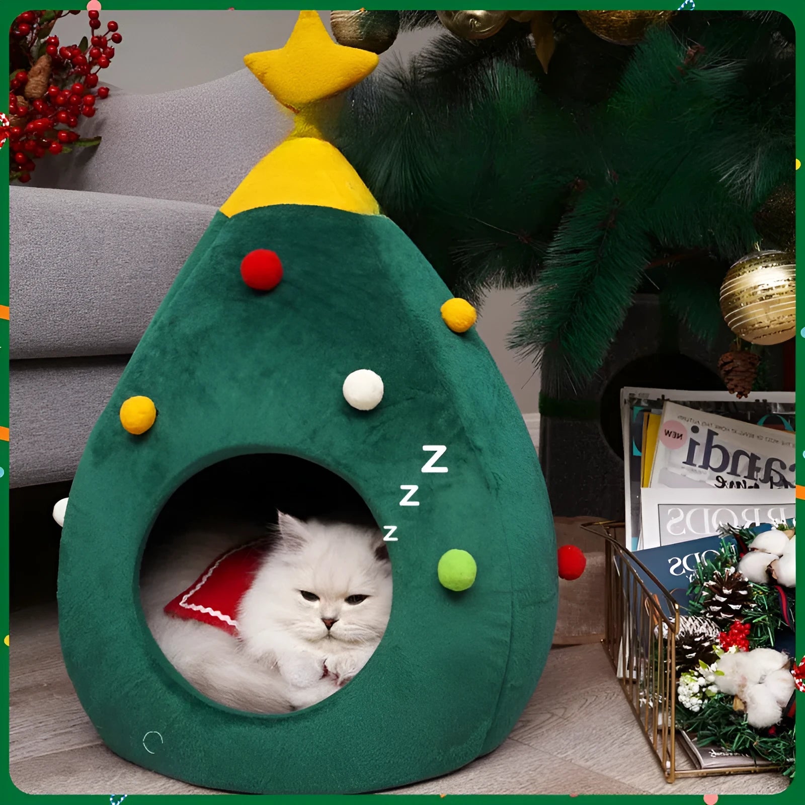 Christmas tree styled cave pet bed with plush teddy fabric and detachable cover in three size options
