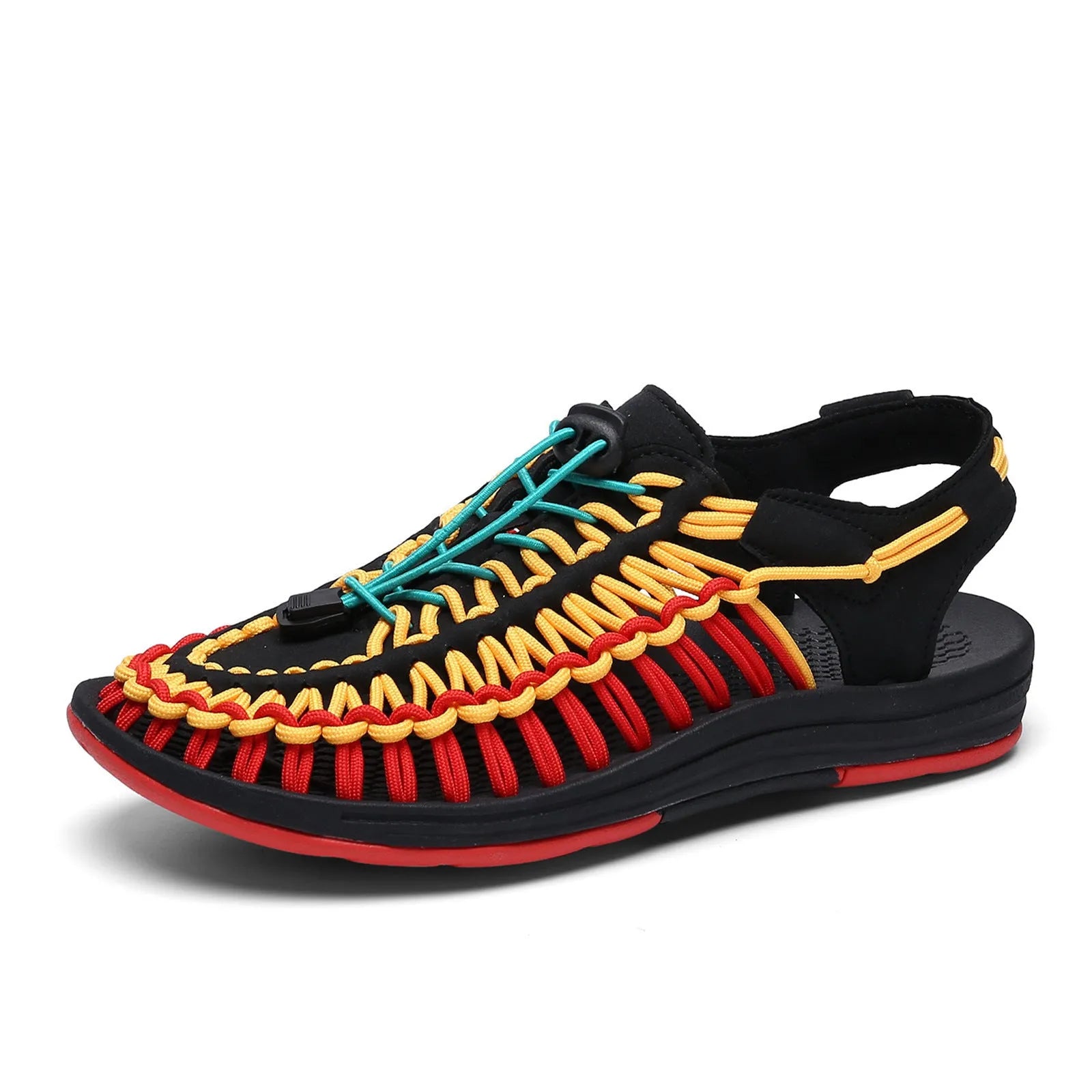 Woven sandals with an elastic drawstring tie closure in a rainbow colour option