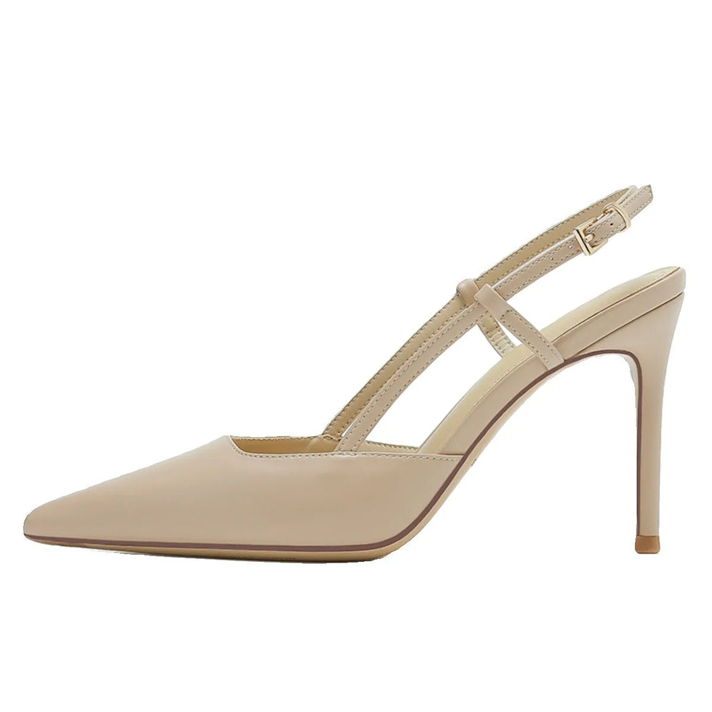 Women's apricot buckle strap high-heeled sandals showing adjustable strap and thin belt design