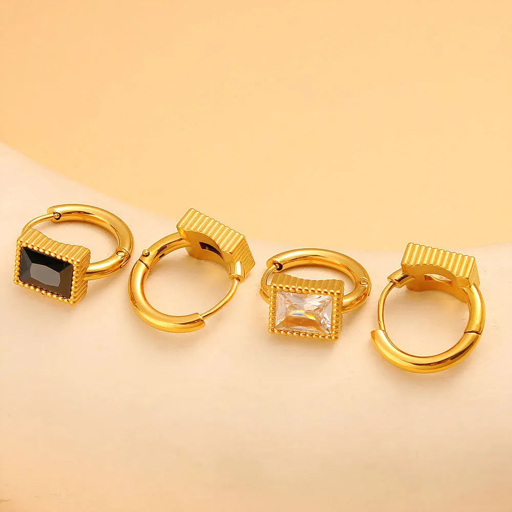 Square zircon stainless steel geometry earrings with round rings in white, black, or green.
