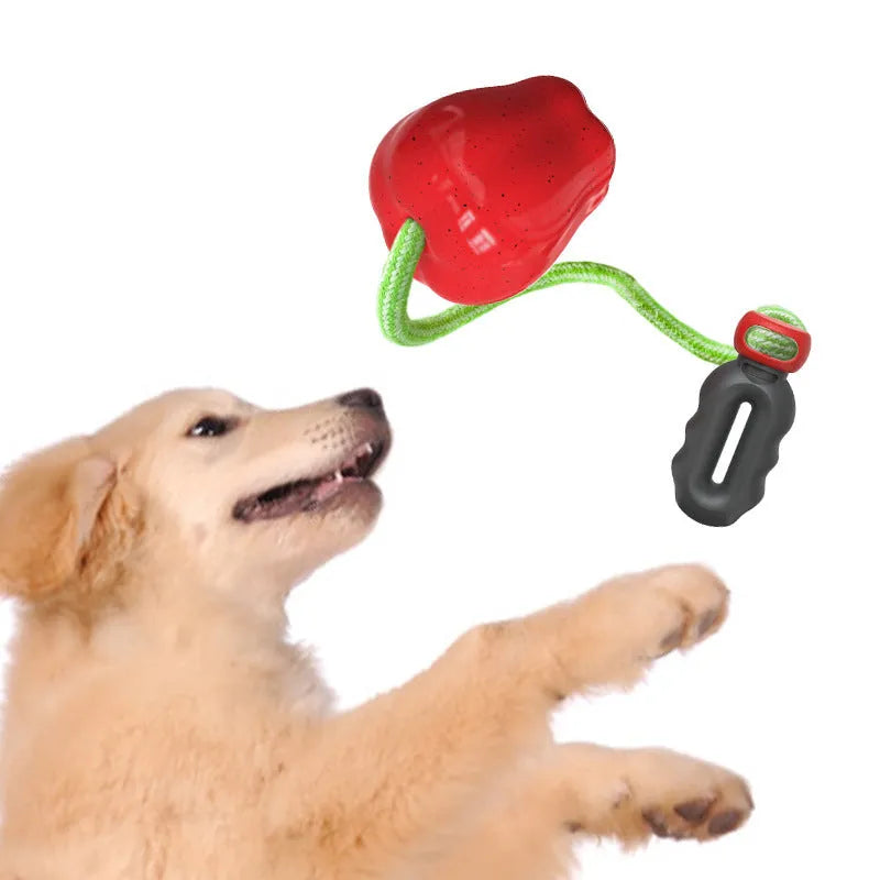Green plastic dog toy shaped like an apple with a treat-dispensing ball feature.