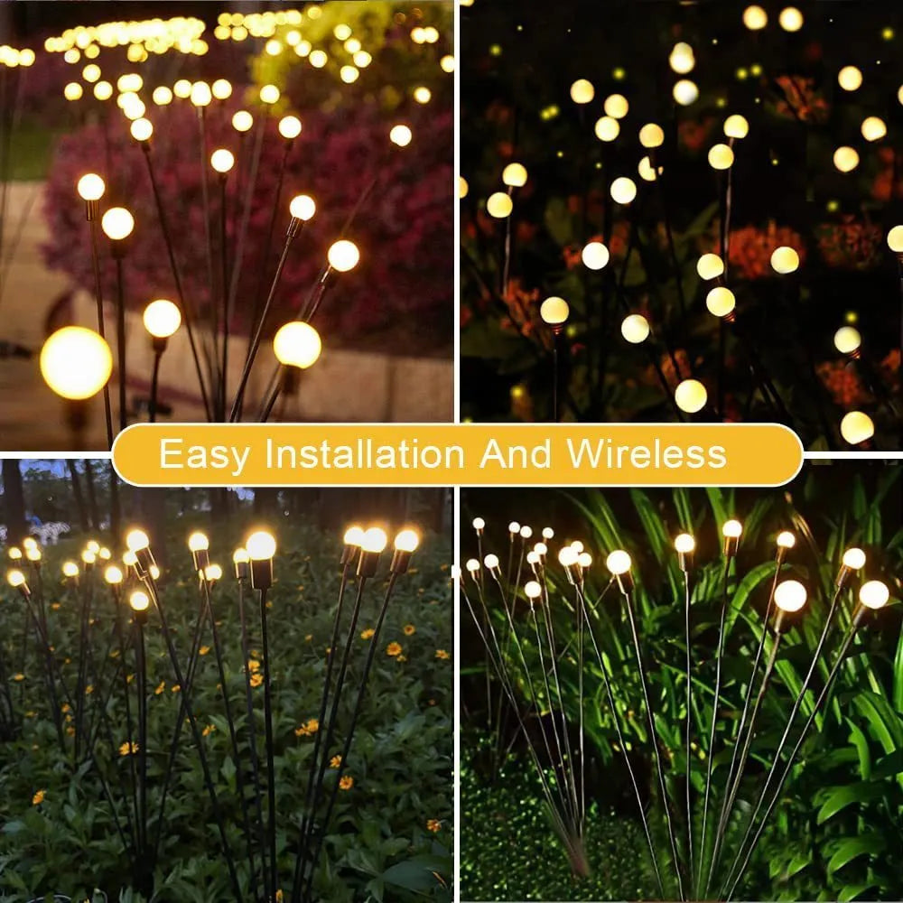 Solar-powered LED garden spike light with multiple firefly-like heads and a push-in pneumatic ground plug.