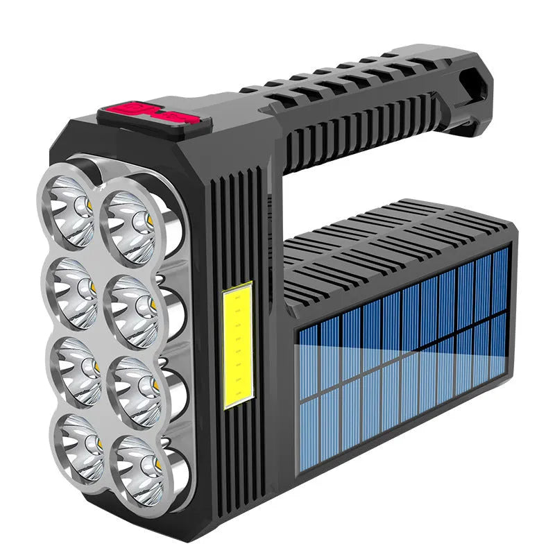 Solar rechargeable USB LED flashlight with 8 heads and side light COB, aluminium alloy body, 225g, four brightness modes