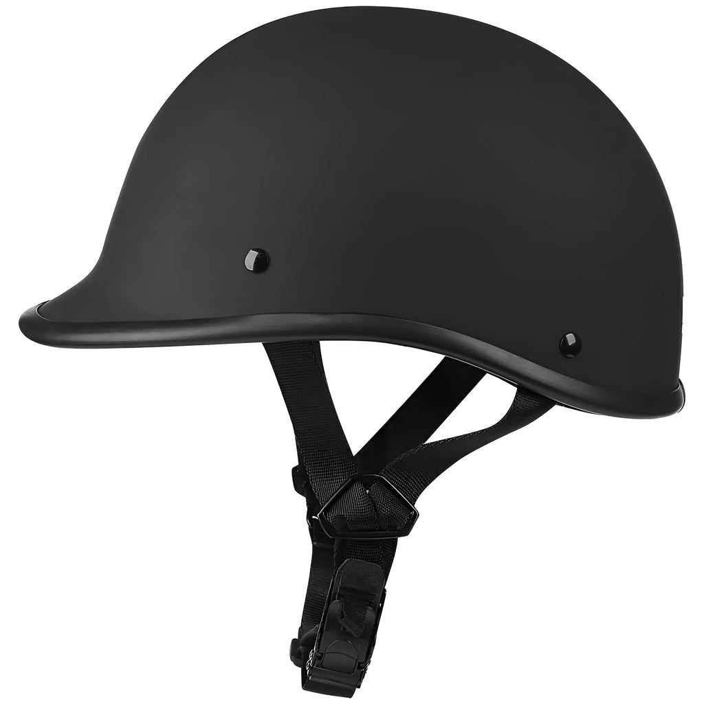 Retro style curved motorcycle helmet on stand, shown in matte black finish.
