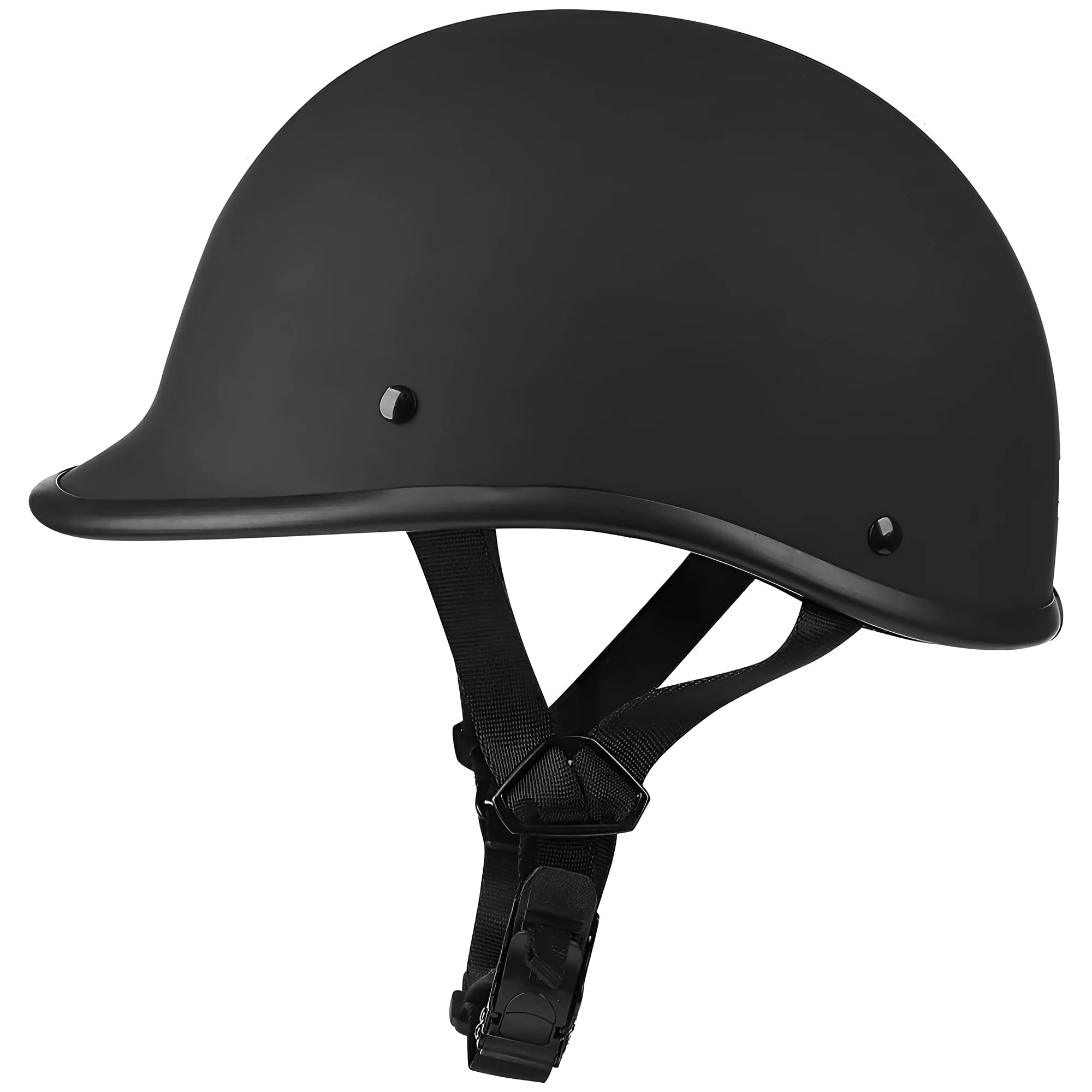 Retro style curved motorcycle helmet on stand, shown in matte black finish.