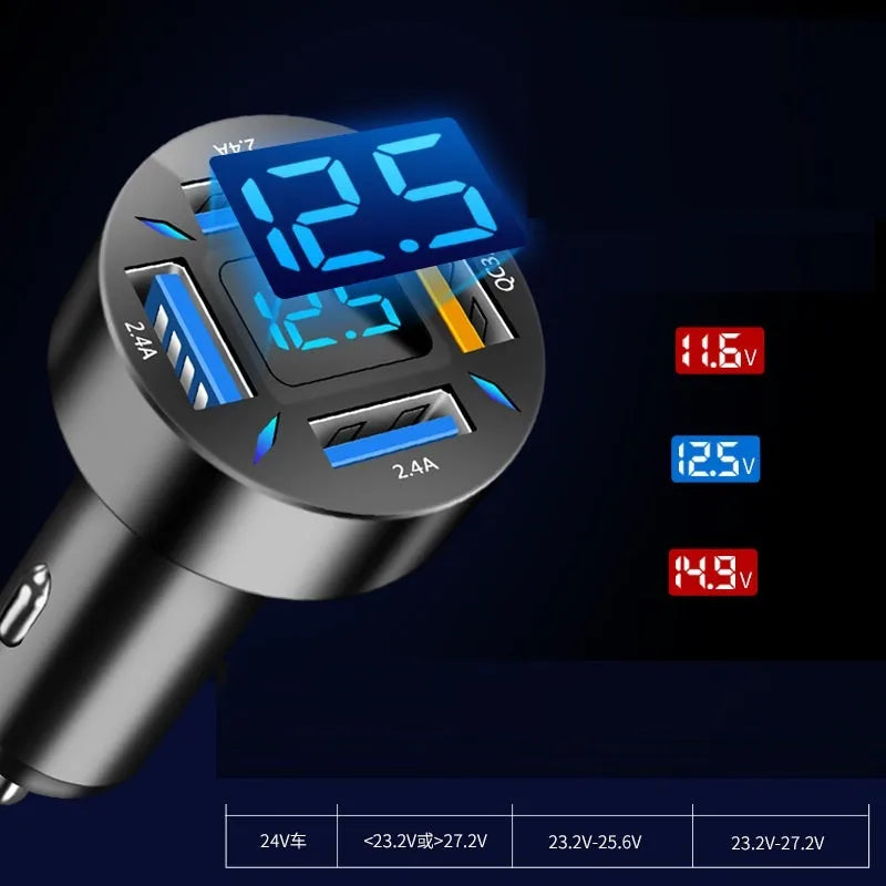 Four-port USB car charger with digital LED display for use in vehicles