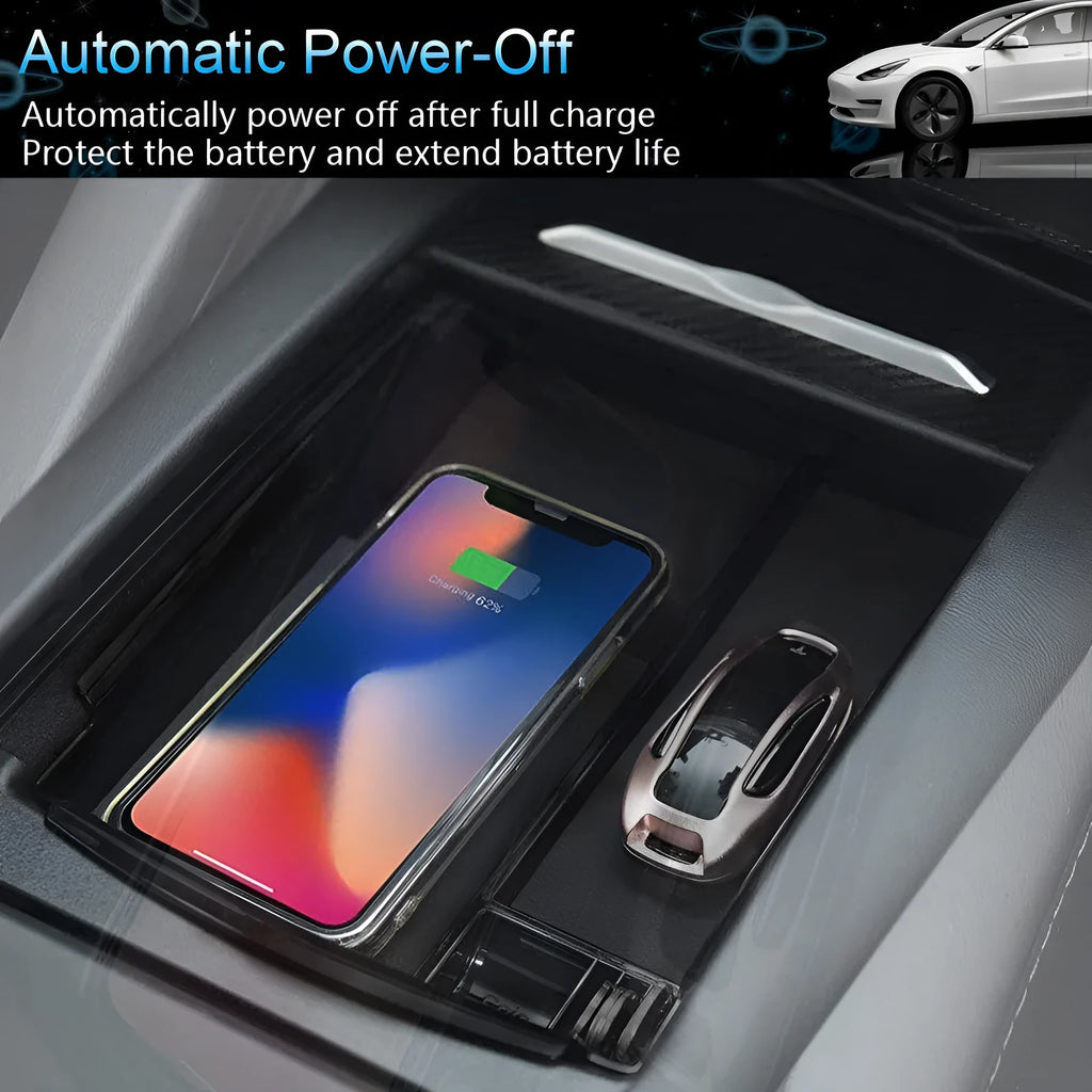 Black wireless charging storage box for Qi-compatible smartphones with fast charging capability