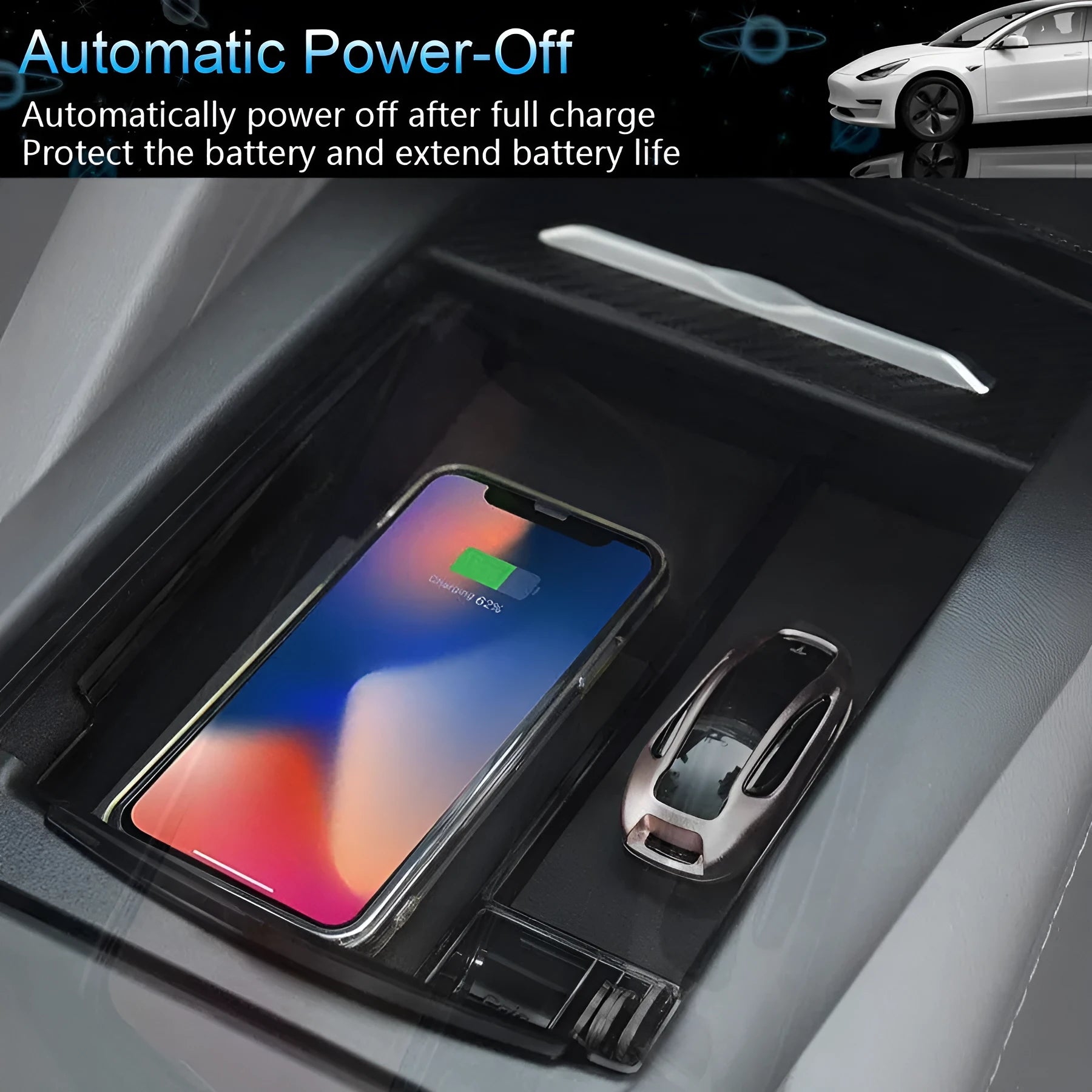 Black wireless charging storage box for Qi-compatible smartphones with fast charging capability