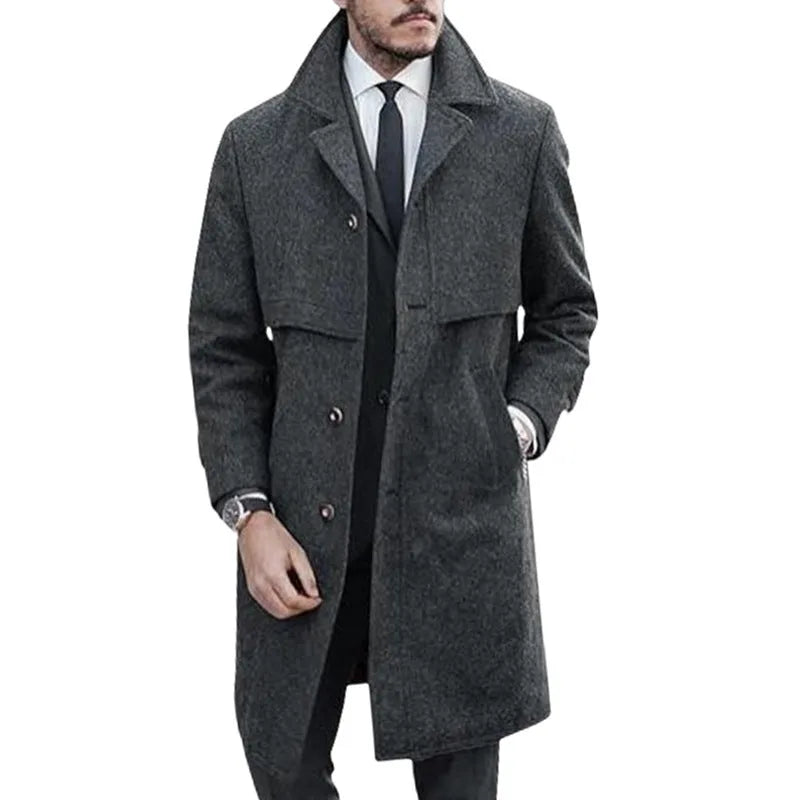 Men's plus size woolen single-breasted coat in camel, dark gray, and black with thickened polyester lining