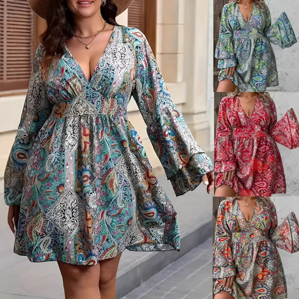 Plus size printed V-neck dress with bell sleeves and A-line skirt in red, yellow, or green
