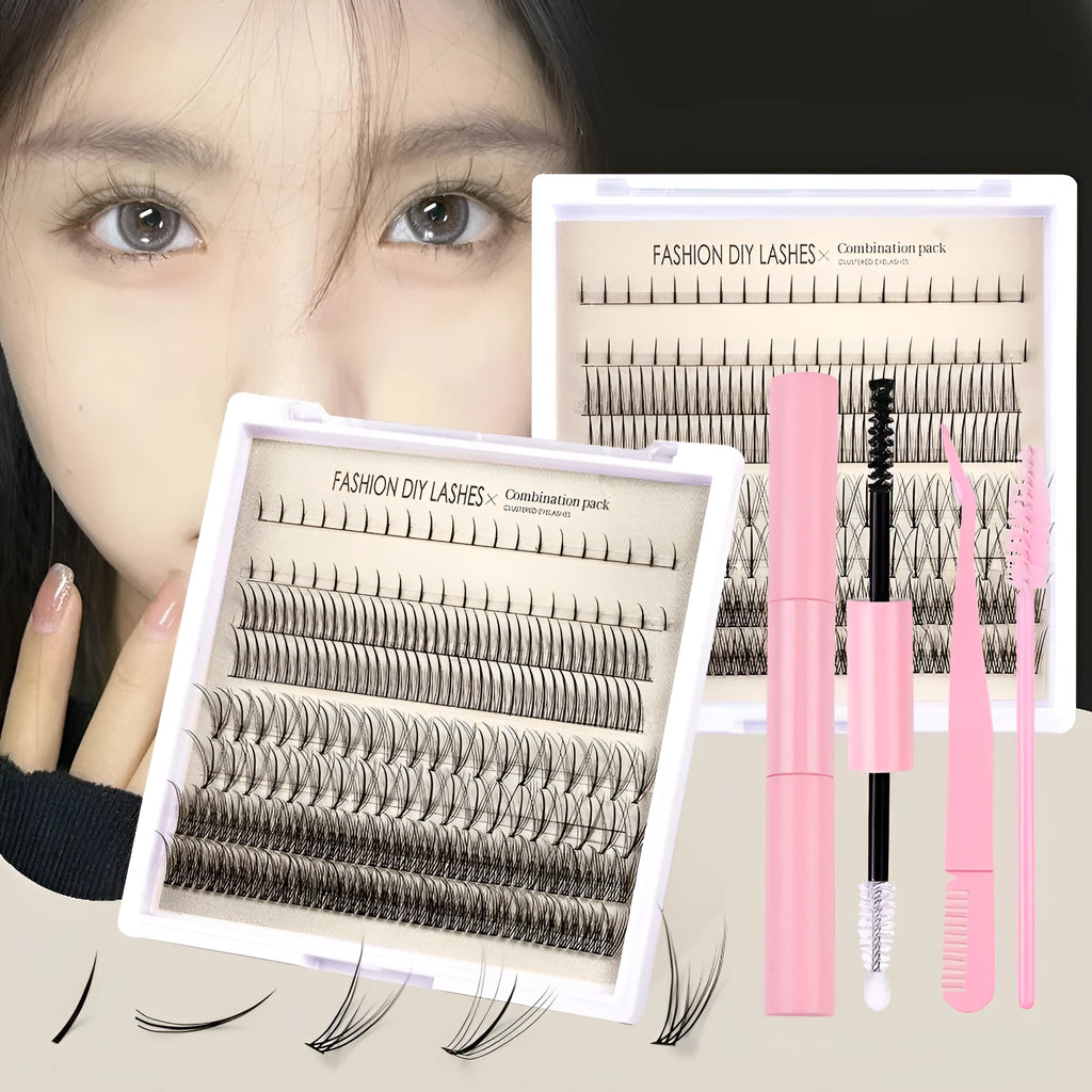 DIY false eyelash kit showing segmented single-cluster lashes, adhesive bottles, tweezers, and a brush on a pink and black background.