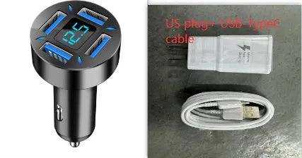 Four-port USB car charger with digital LED display for use in vehicles