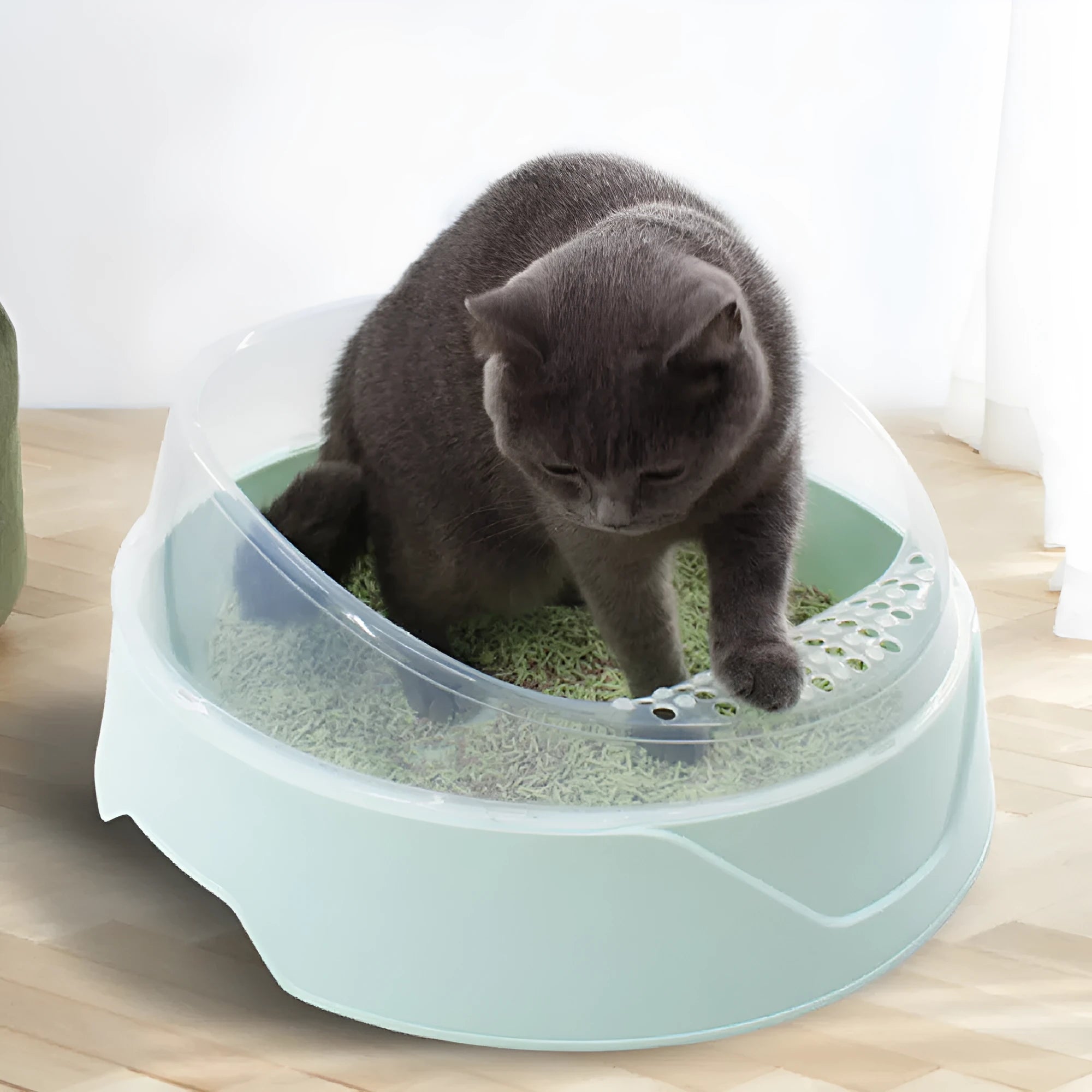 Plastic deodorant round cat litter box in mint green or pink colour, available in large and small sizes