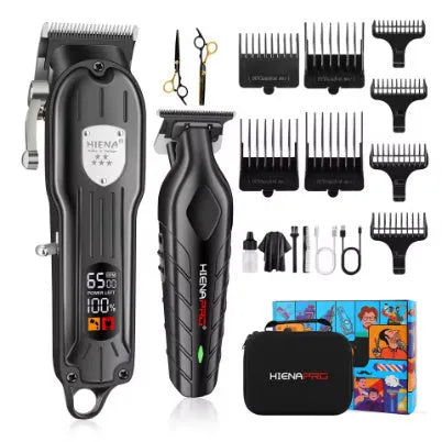 Black professional hair clipper set with aluminum foil shaver and LCD display.