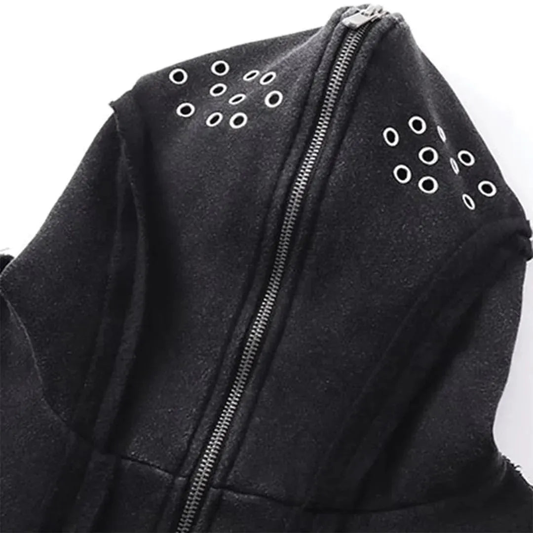 Black retro-style loose fit cotton coat with abstract pattern, front zip, hood, and padding.