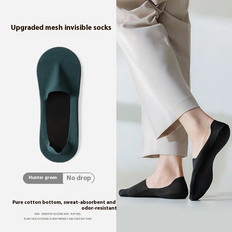 Men's solid colour cotton invisible ankle socks shown in multiple colours including black, white, and brick red.