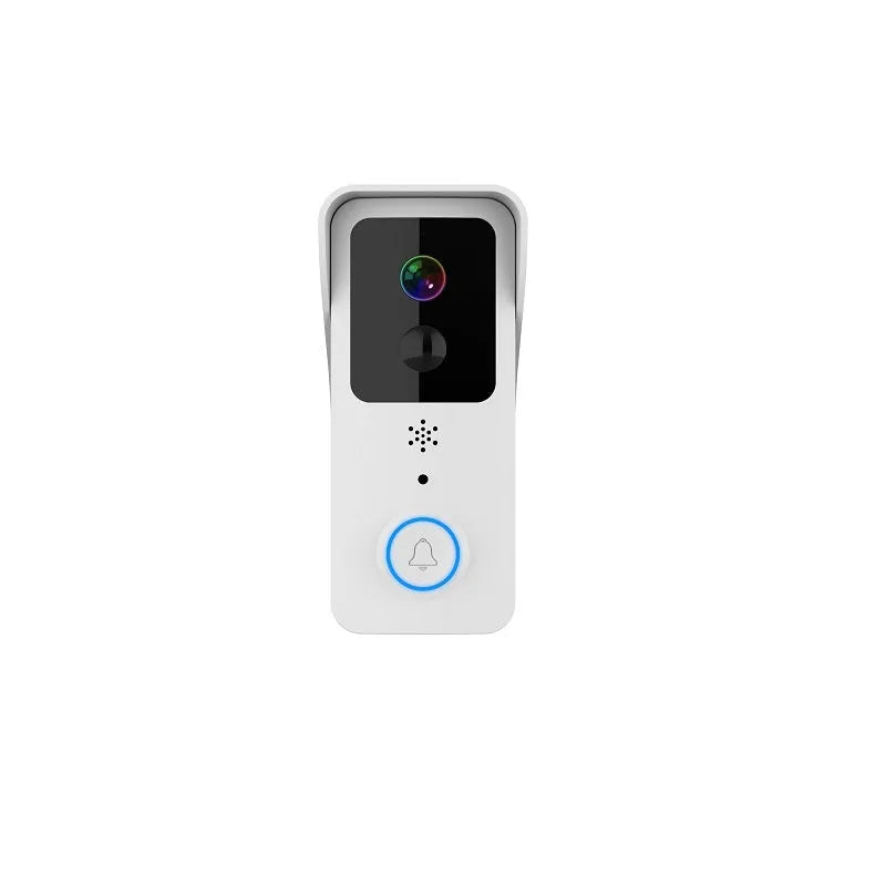 Waterproof smart HD visual doorbell with a rechargeable battery on a doorstep.