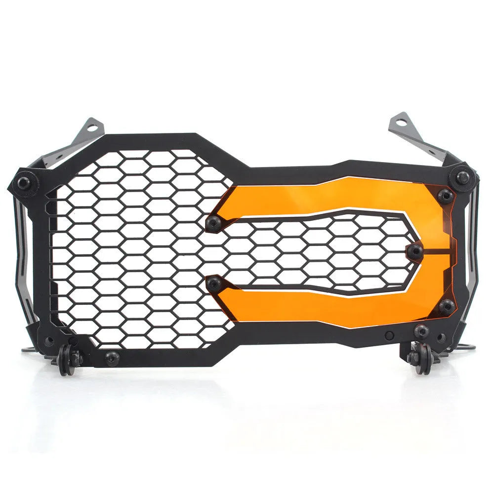 Quick-release steel and acrylic headlight protective cover for BMW GS motorcycles in multiple colour options.