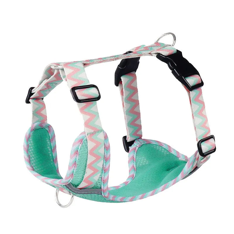 Dog hand holding rope vest pet harness reflective stripe in mountain blue with rope and chain ring