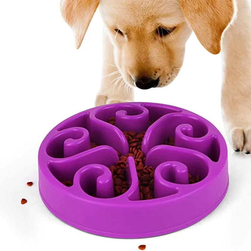 Colour options of an eco-friendly dog slow feeder bowl with maze pattern and non-slip base.