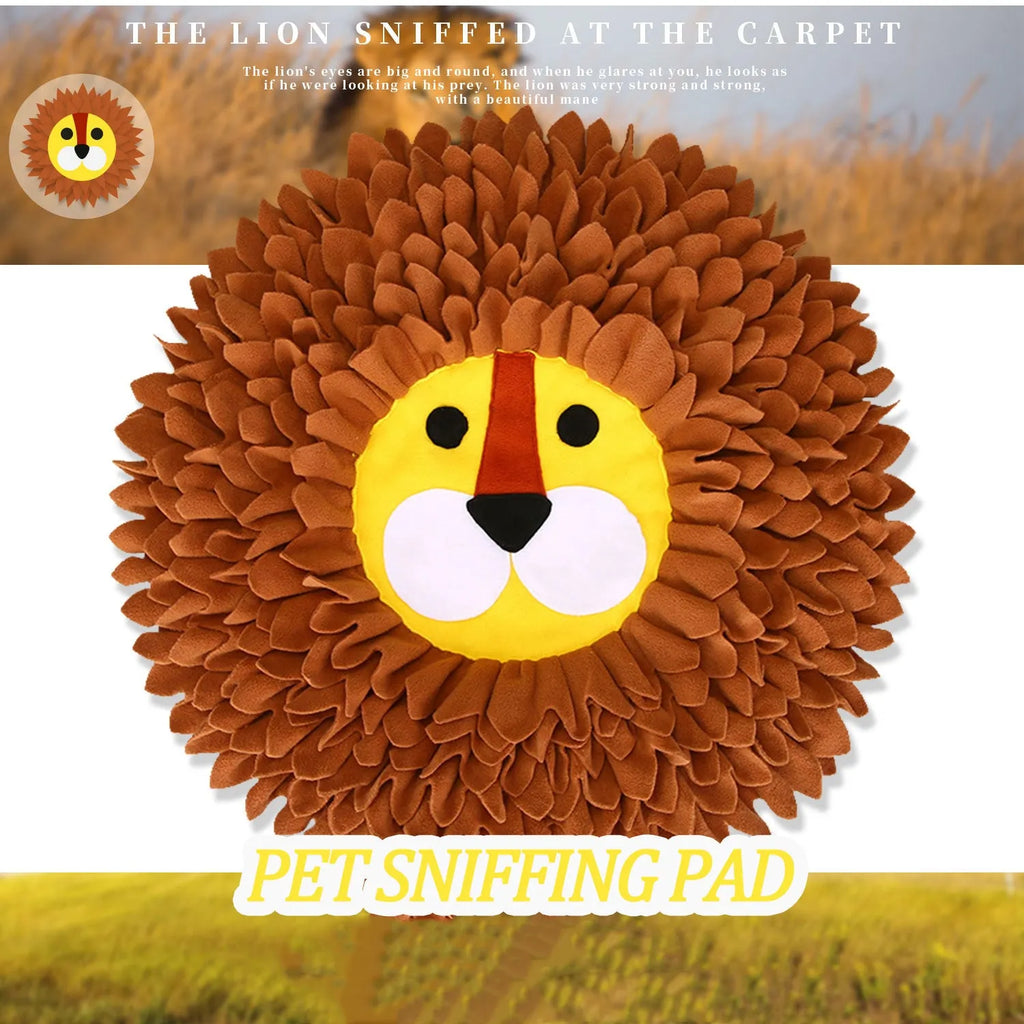 Brown lion-pattern fabric snuffle mat for dogs and cats with folds for hiding treats.