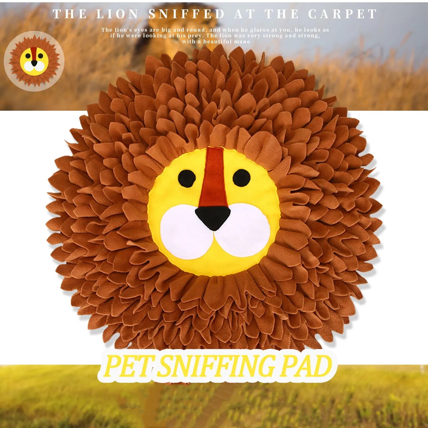 Brown lion-pattern fabric snuffle mat for dogs and cats with folds for hiding treats.