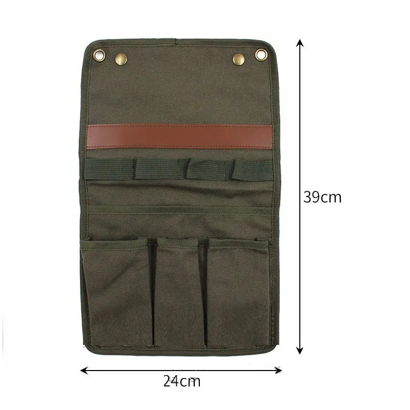 Canvas hanging storage bag for camping and travel, shown in black, beige apricot or green with armrest side attachment