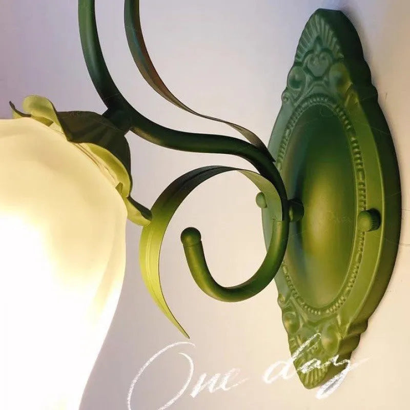 Pastoral style green flower wall lamp with glass shade and LED light source