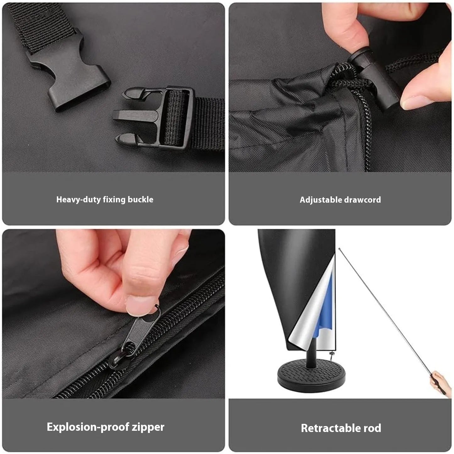 Grey waterproof Oxford cloth cover for a banana-shaped outdoor patio umbrella.