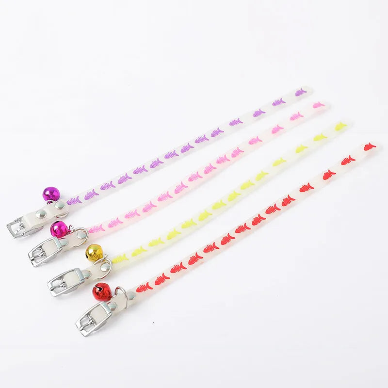 Luminous cat collar with adjustable silicone strap and metal bell in one of four patterns