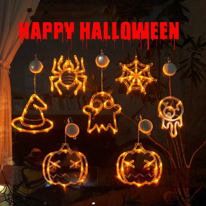 Halloween window hanging LED lights set with seven battery-powered horror-themed decorative pieces