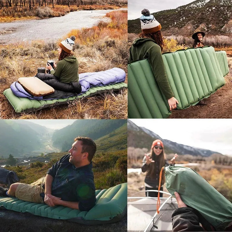 Single inflatable camping mattress in grey colour, shown expanded to its full size.