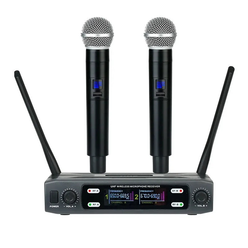 Home karaoke VHF one-to-two wireless microphone system in black with regulator and two microphones