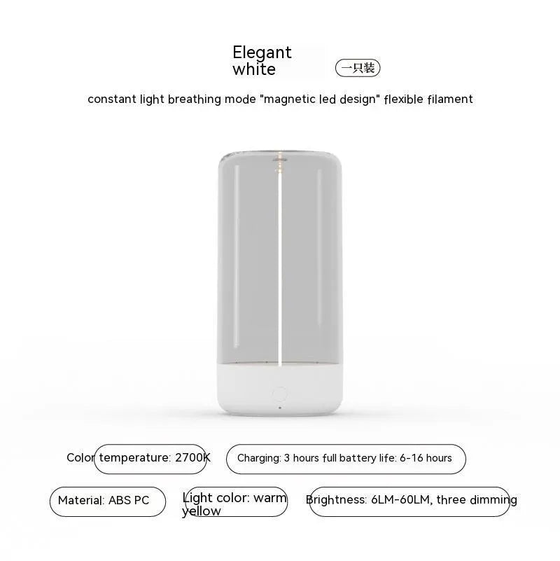 USB rechargeable LED camping light with a clear cover and bendable filament on an ABS base.